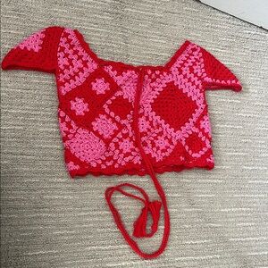 Chic Red and Pink Crochet Poncho